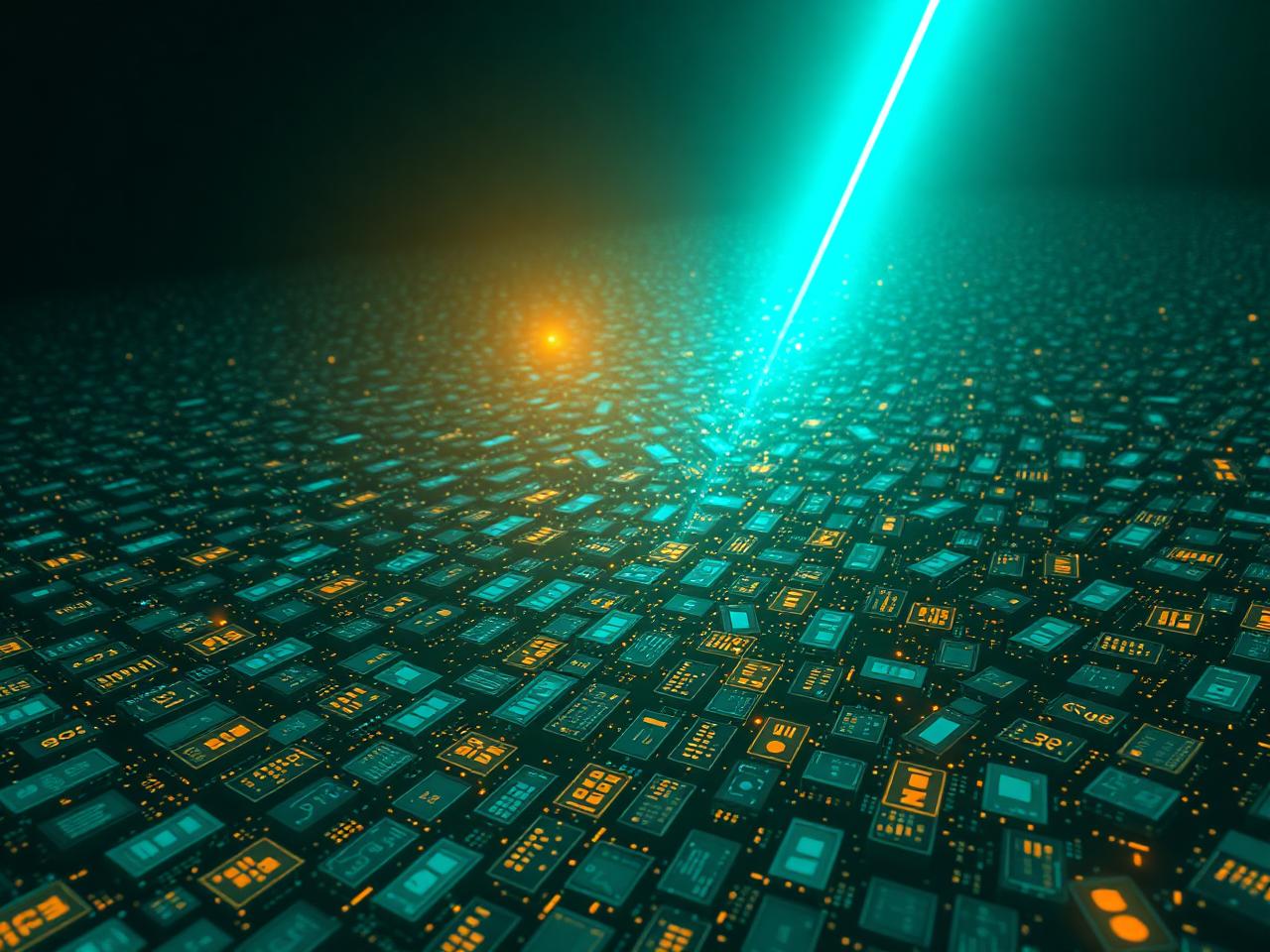 A dense field of AI-generated artefacts narrowed by a single beam of light