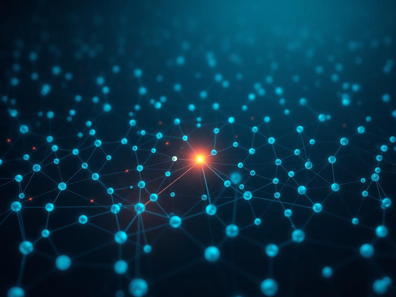 One decision node lit amber among a wide field of dim nodes